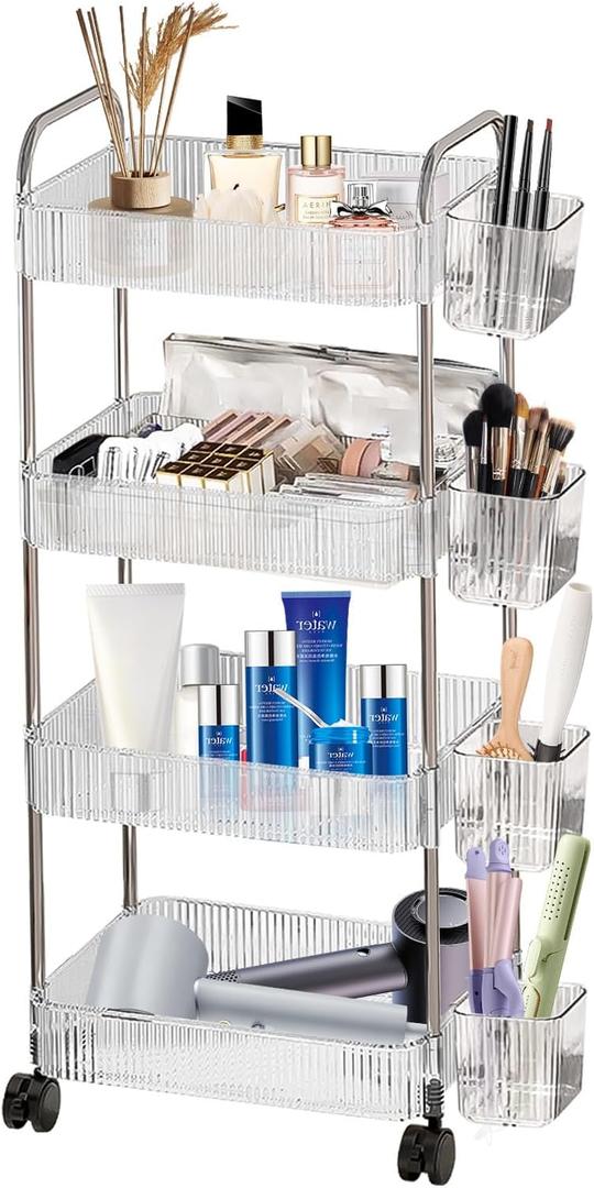 Rolling Makeup Cart Organizer, 4 Tier Rolling Storage Cart with Makeup Brush Holder, Acrylic Makeup Organizers, Cosmetics Display Cases, Clear Bathroom Cosmetic Perfume Beauty Product Organizer