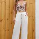SVALIY Women Flowy Pants Cotton Linen Wide Leg Palazzo Pants Long Lounge Slacks High Waist Button Trousers Pocket (XL)