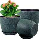 Plant Pots 10/9/8 inch, Set of 3 Modern Decorative Plastic Planters with Drainage Holes and Saucers for Garden House Plants, Flower Pots for Indoor Outdoor Plants, Black with Green Speckles