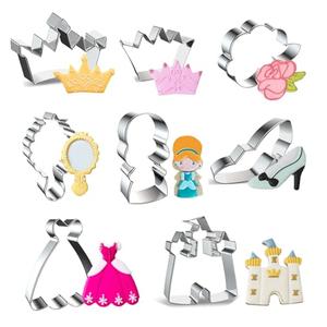 8 Pieces Princess Cookie Cutter Set, Crown, Dress, Rose, Mirror, Princess, High Heel, Castle Shapes Biscuit Molds Stainless Steel Fondant Cutters for Girls Princess Fairy Party Baking