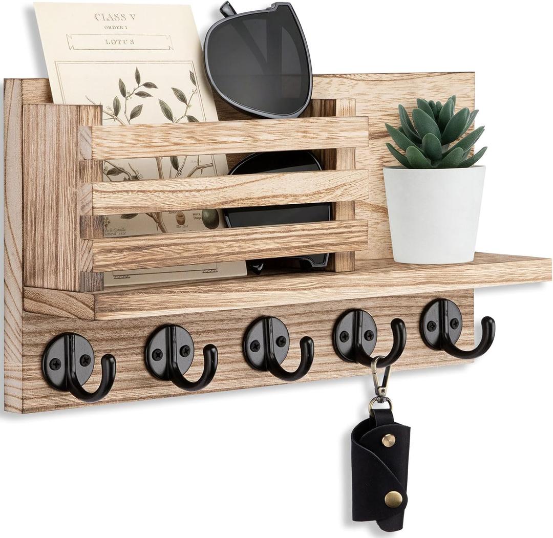 Key Holder for Wall  Decorative Wooden Mail Holder and Key Shelf with Mounting Hardware, Installation Guide  Paulownia Wood with 5 Metal Key Hooks (11.8 x 6.7 x 2.8)