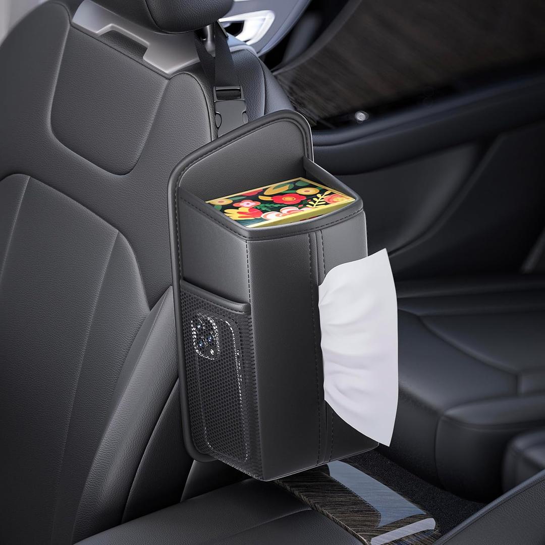 Car Tissue Holder for Front Seat, Headrest Organizer with 2 Side Mesh Pockets for Phones & Cards, L-Square Tissue Box Cover Holds 150 Tissues, Durable PU Leather