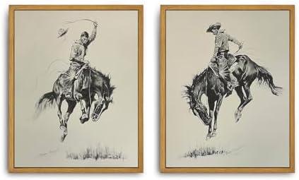 Roslynity Framed Canvas Wall Art Vintage Prints Set of 2 Western Cowboy Sketch Mid Century Antique Paintings Retro Aesthetic Artwork for Home Living Room Bathroom Bedroom Wall Decor (8"x10")