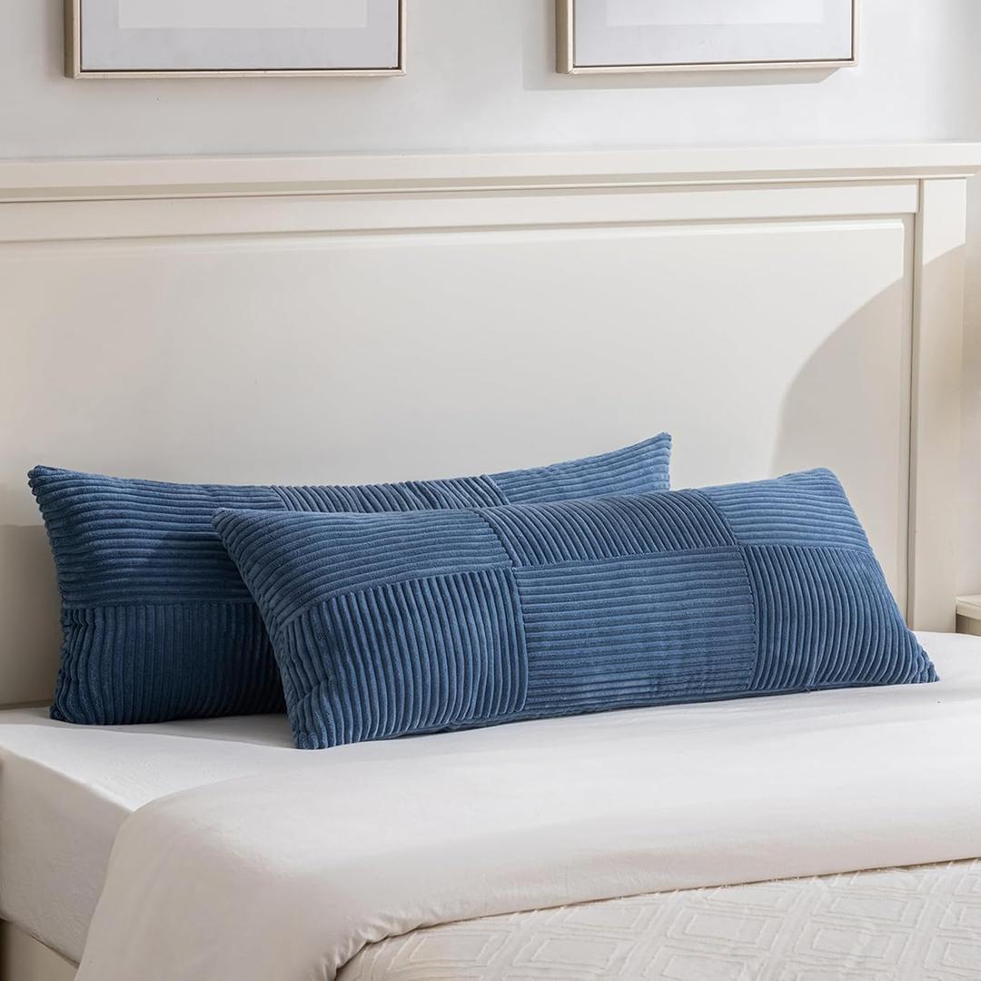 Fancy Homi Set of 2 Dusty Blue Boho Long Lumbar Body Decorative Throw Pillow Cover 14x36 Inch for Bed Couch Bedroom Bench, Soft Patchwork Corduroy Textured Pillow Case, Rustic Farmhouse Room Dcor