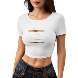 SOLY HUX Women's Cut Out Crop T Shirt Crew Neck Short Sleeve Fitted Going Out Tops (White, XS)