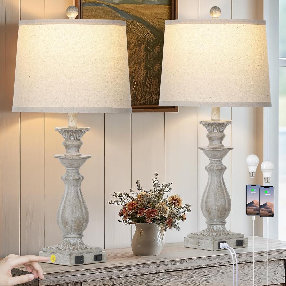 28" Farmhouse Table Lamps for Living Room Set of 2, 3-Way Dimmable Touch Bedside Lamps with USB C+A Ports & AC Outlet, Resin Vintage Tall Nightstand Lamps for Bedroom Office End Table, Grey
