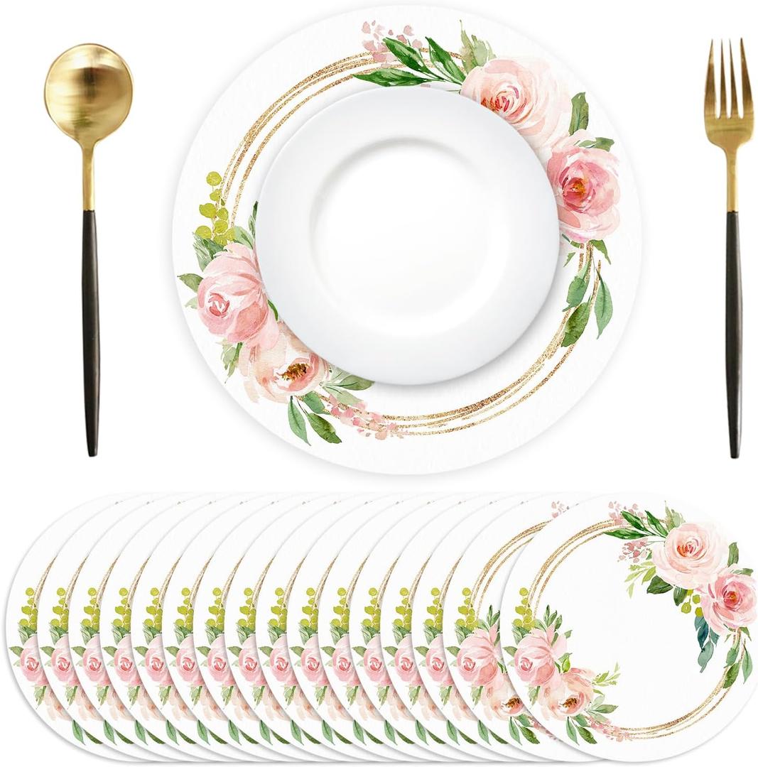 50 Pack Paper Placemats Disposable Pink Floral Wedding Disposable Placemats 13.7 Inch Rose Floral Round Place Mats Spring Summer Table Mats for Birthday Wedding Anniversary Bride Party Supplies