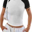 LilyCoco Women's Raglan Sleeve Tops Baby Crop Tees Color Block Crew Neck T Shirt White Small (S)
