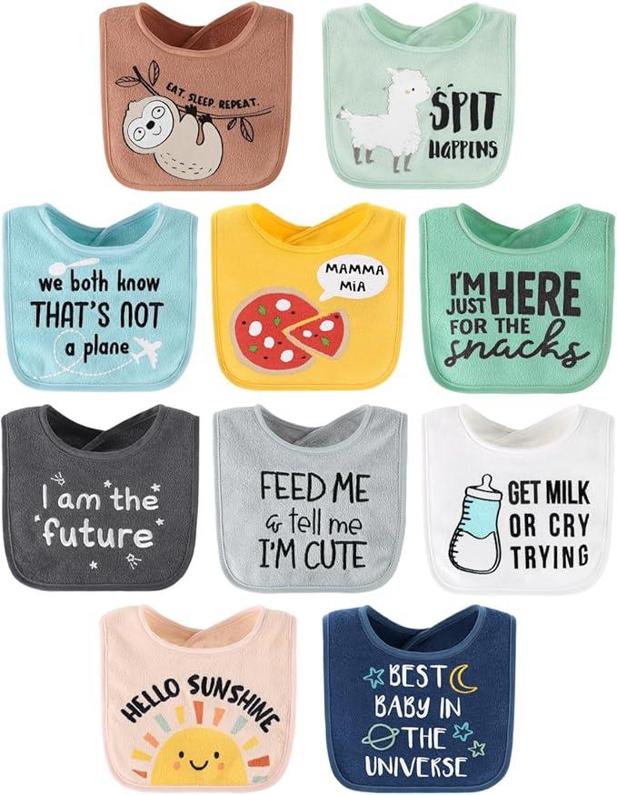 The Peanutshell Baby Boy or Girl Terry Bibs Set of 10-100% Cotton, Soft, Absorbent Baby Bibs, Unisex Toddler Boy or Girl Set, Newborn & Infant - Sunshine