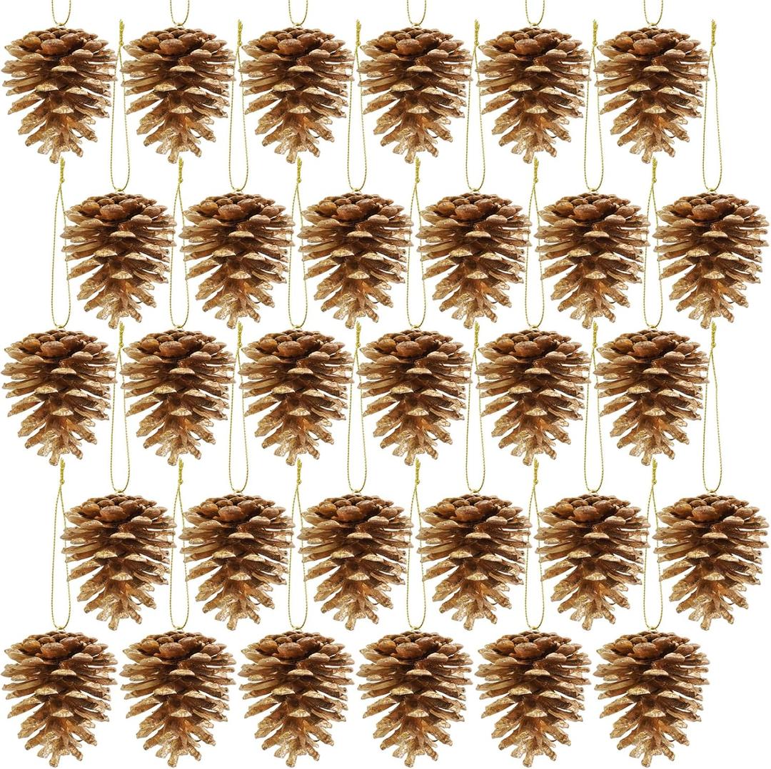 Winlyn 30 Pcs Christmas Pinecones Ornaments Gold Pine Cones Hanging with String Natural Pinecones Christmas Tree Decorations for Christmas Wedding Holiday Party DIY Crafts Wreath Garland Centerpiece