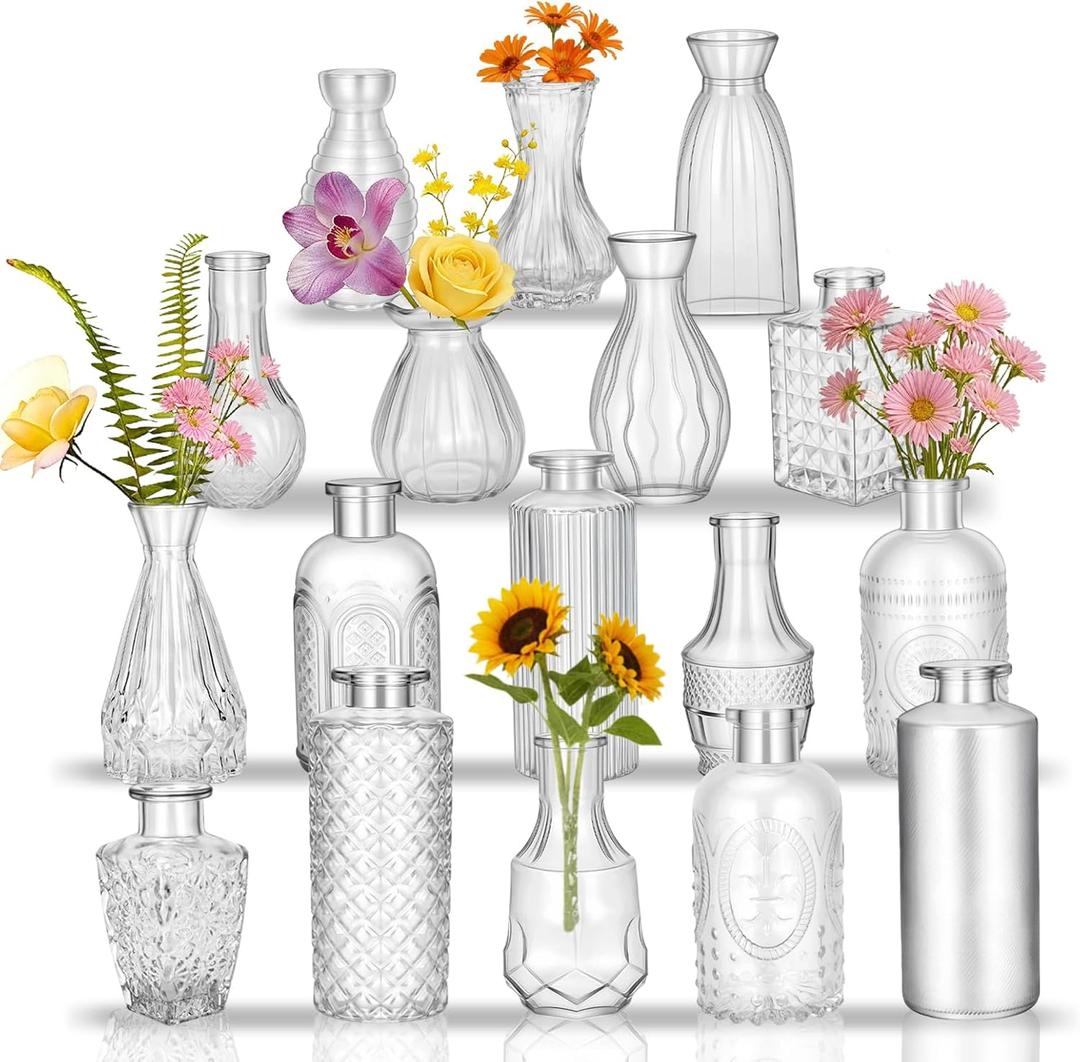 Glass Bud Vases in Bulk Set of 17, Transparent Clear Small Mini Vases for Flowers, Vintage Vase for Centepiece,Wedding, Table Decor, Baby Shower, Christmas, Home and Events