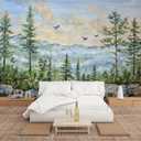 Wall Mural Green Forest Wallpaper Peel & Stick Nursery Wallpaper Pine Trees Mountains Birds Rocks Watercolor Removable Self-Adhesive Large Wall Sticker Wall Decor for Bedroom Living Room 100"x144"