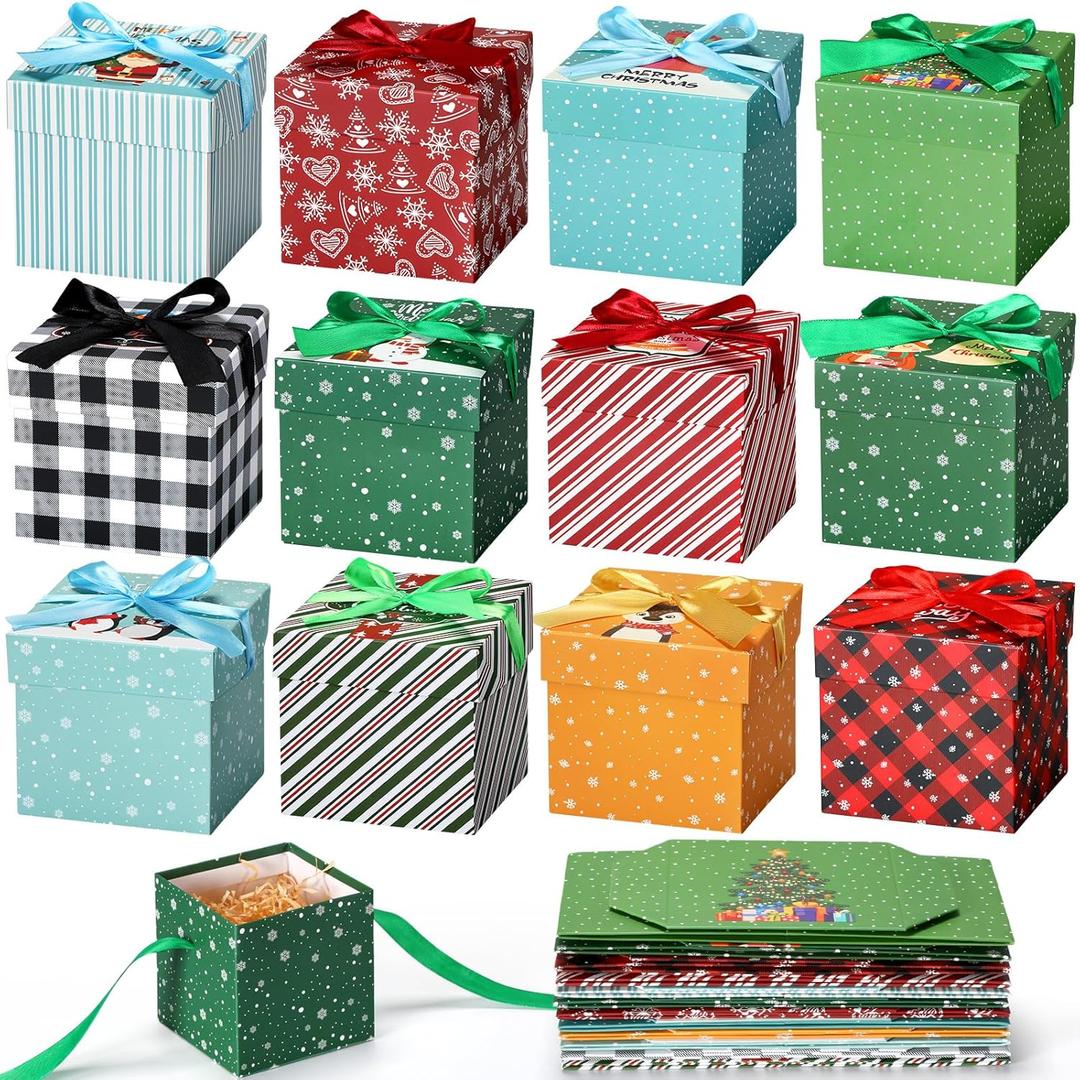 Cholemy 36 Pcs Christmas Gift Boxes with Lids Small Squared Boxes with Ribbon Bow 4x4x4 Inch for Christmas Party Favor Present Packaging Xmas Holiday Gift Wrap, 12 Designs(Stylish Style)