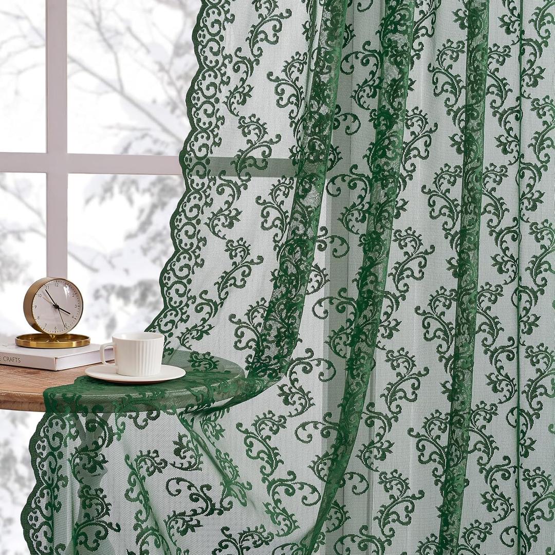 Dark Green Lace Curtains 84 Inches Long 2 Panels Country Vintage Sheer Lace Curtains for Living Room Bedroom Rod Pocket Light Filtering Romantic Victorian Window Privacy Decor Paisley Neutral, 52x84