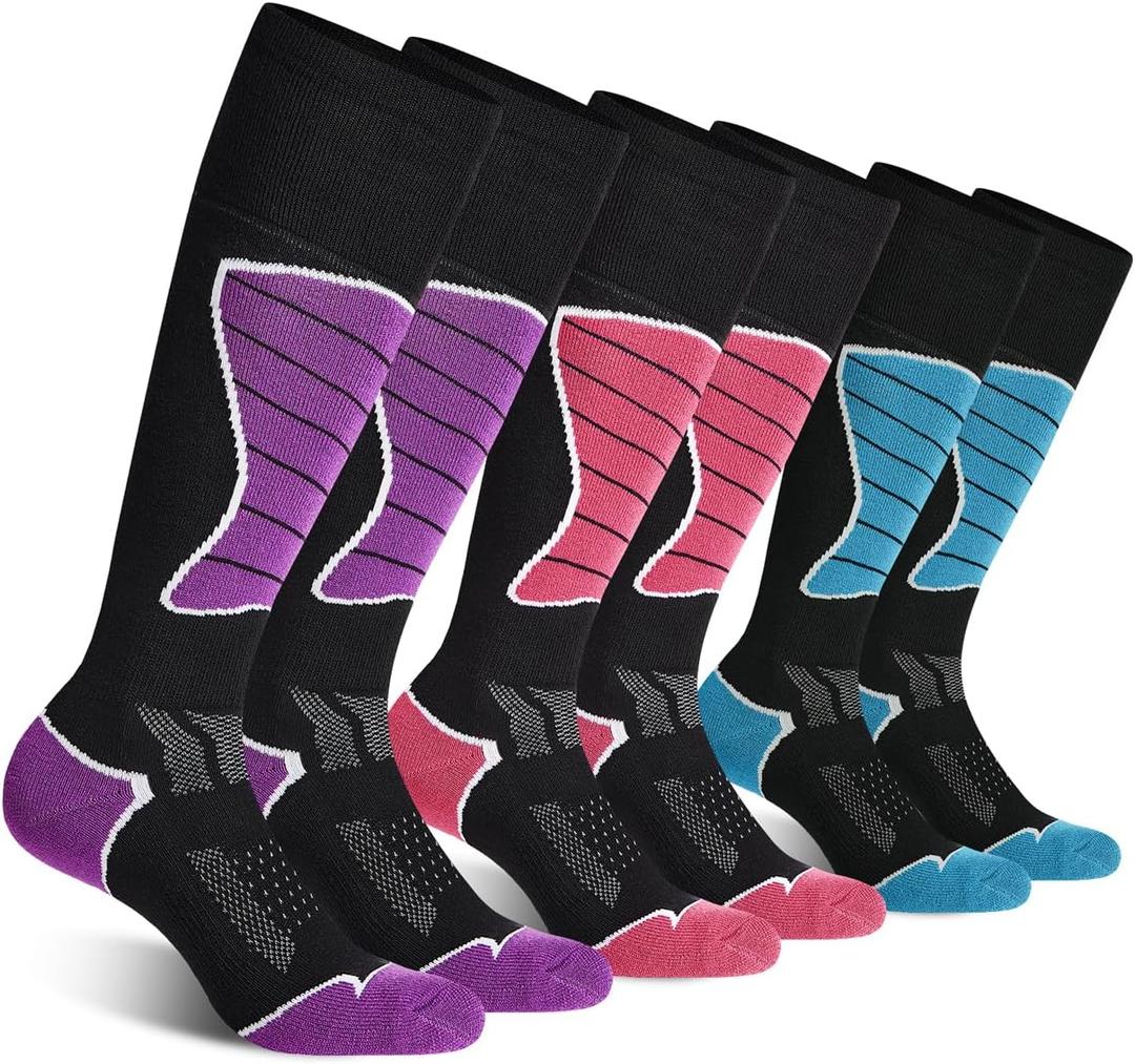 CelerSport 3 Pack Women's Ski Socks for Skiing, Snowboarding, Cold Weather, Warm Thermal Socks Winter Performance Socks, Black Blue + Black Pink + Black Purple, Small