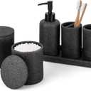 ZCCZ Black Bathroom Accessories Set 6 Pcs- Toothbrush Holder, Lotion Dispenser, 2 Qtip Container, Vanity Tray, Tumbler for Countertop Organizer - Modern Bathroom Decor and Storage Solution (Black Stone)