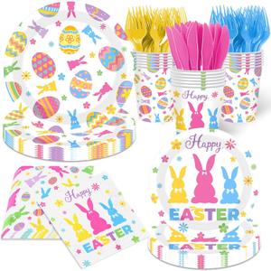 Happy Easter Plates and Napkins Set with Colorful Bunny Eggs and Daisy, Easter Party Decorations Disposable Bunny Paper Dinnerware Set for Spring Holiday Birthday Party Baby Shower, Serve 24