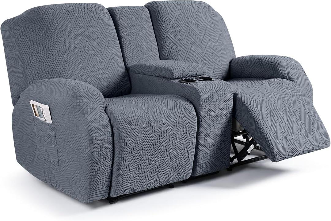 Ruaozz Stretch Loveseat Recliner Covers with Console 4-Pieces Recliner Sofa Covers with Pockets Jacquard Reclining Couch Covers Furniture Protector with Elastic Straps Bottom (2 Seater, Grey)