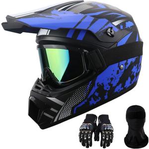 Motorcycle Dirt Bike Helmet Full Face Motocross Helmets for Outdoor Sports Off Road Racing Mountain Bike Men Women Off-Road Helmet Gloves Goggles for Adult Youth DOT/FMVSS 218 Approve (X-Large, Dark Blue)