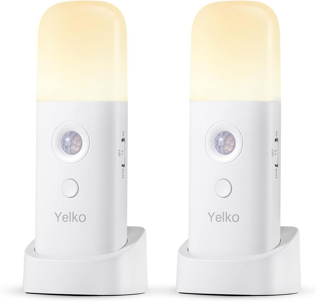 YELKO Motion Sensor Night Light, 2000mAh Rechargeable Night Lights Battery Powered, Portableimmable Nightlights with 5 Brightness Levels for Kids,Adults (Warm White 2Pack)