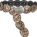 INOGIH Womens Wide Western Cowboy Disc Belt Vintage Cowgirl Concho Leather Belts Boho Style for Jeans Dress Skirt (For Waist 28-38 in, Leopard Print)