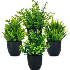 Set of 4 Fake Plants 7 Small Potted Plants Artificial Plants Indoor Mini Greenery Plants for Indoor Decor Home Shelf Office Decor, Compact Black Pot