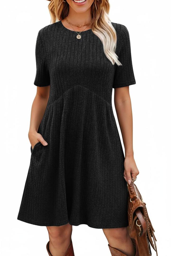 Ulovmi Women's Summer Casual Flowy A-Line Dresses Short Sleeve Ribbed Knit Swing Dress T-Shirt Sundress with Pockets-Black-XL