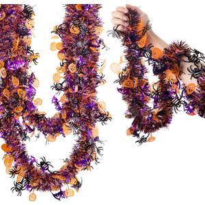 33ft Halloween Tinsel Garland Decor with Funny Pumpkin Black Spider Purple Bats Metallic Twist Garland Wire Hanging Decorations for Home Tree Fireplace Mantle Indoor Outdoor Party