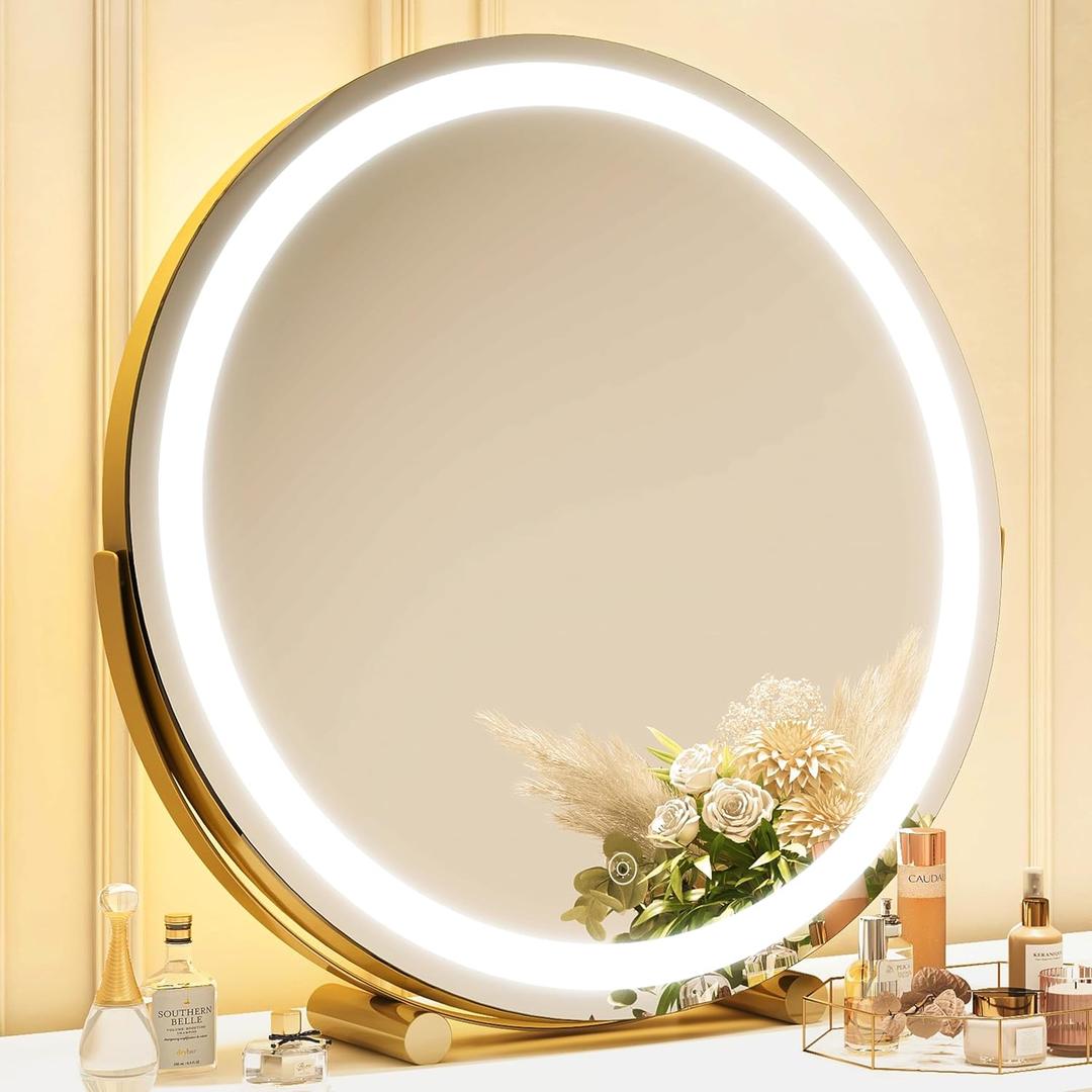 ROLOVE Gold Vanity Mirror, 18 Inch Lighted Makeup Mirror with Smart Touch 3 Colors Dimmable, Tabletop, 360 Rotation