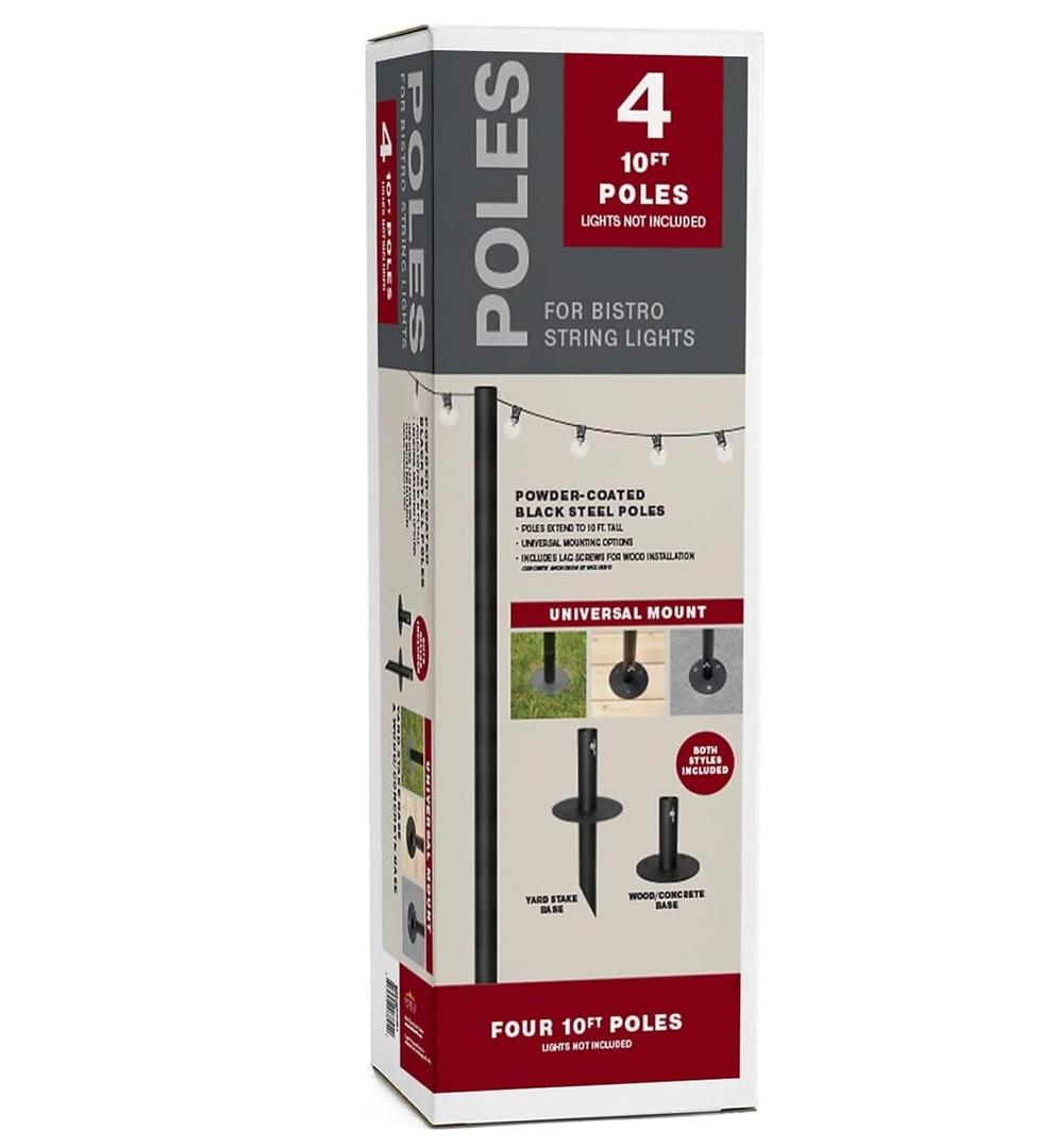 EXCELLO GLOBAL PRODUCTS Bistro String Light Poles - 4 Pack - Extends to 10 Feet - Universal Mounting Options Included, Poles Only