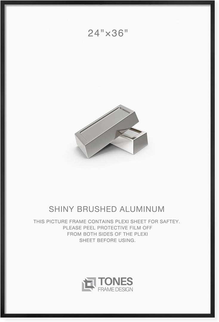 24x36 Poster Frame Black Metal Photo Picture Frames Shiny Brushed Aluminum, Poster Frames 24 x 36 inches for Art Gallery Wall Tabletop Decor