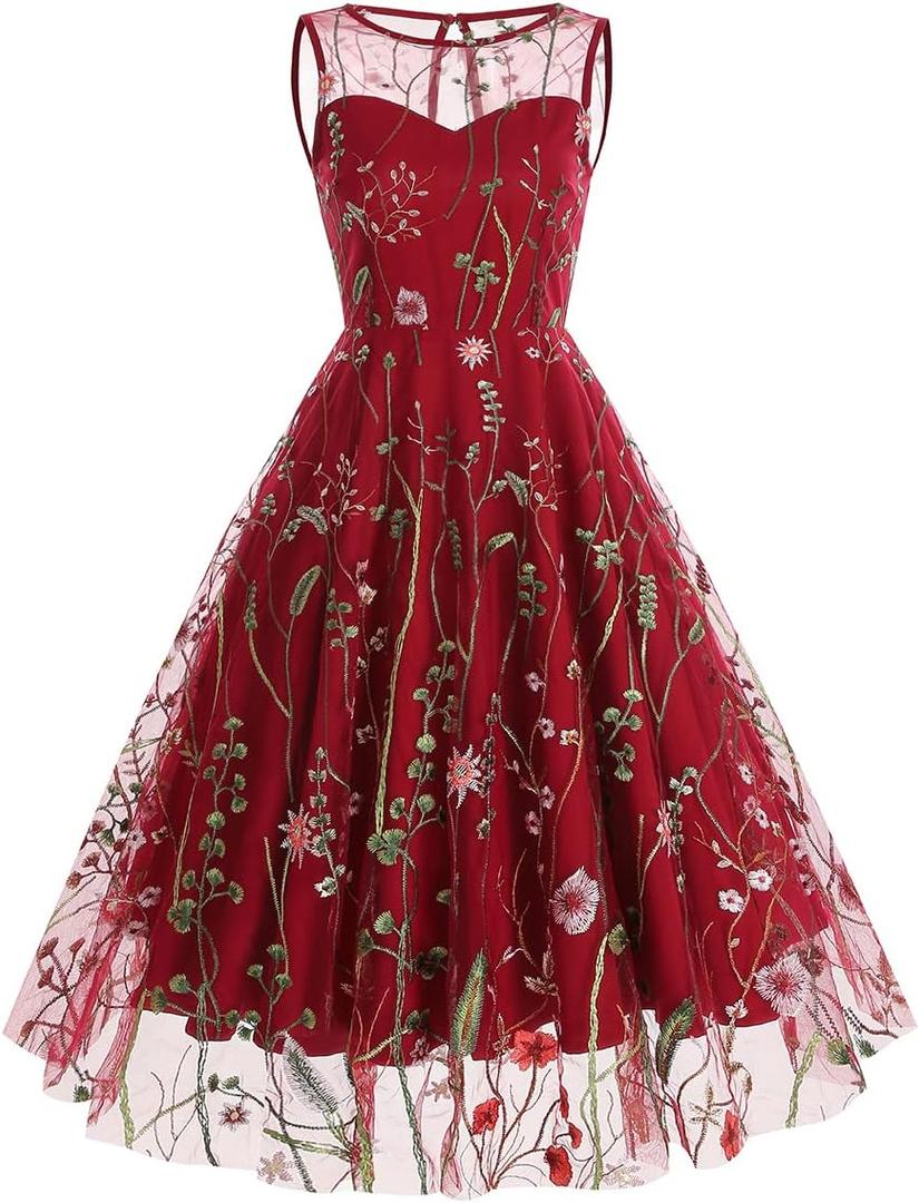 Women Keyhole Floral Embroidery Dress Sheer Mesh Illusion Vintage Cocktail Swing Dress Wedding Party Prom Tulle Evening Dress (X-Large, Red)
