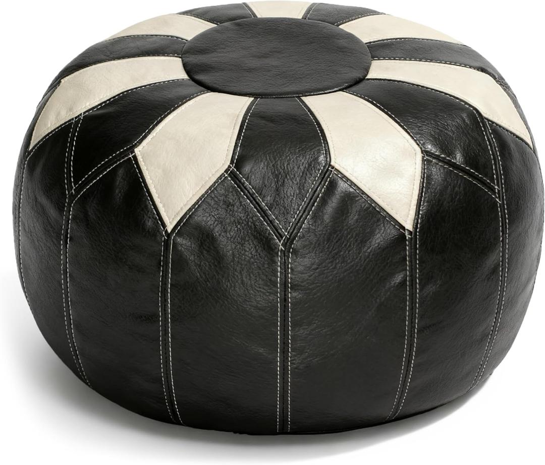 Thgonwid Unstuffed Moroccan Faux Leather Pouf Ottoman with Storage - Handmade Boho Chic Multi-Use Footrest for Living Room, Bedroom, Patio - Round Ethnic Floor Cushion & Decorative Accent, Black&White