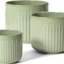 LE TAUCI Fluted Ceramic Planters Set of 3  8.3/7 / 5.7 in Sage Green Reactive Cylinder Indoor Plant Pots with Drainage Plug & Mesh, Glossy Stoneware Flower Pots for Succulents Herbs