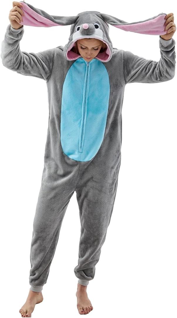 NEWCOSPLAY Unisex Adult Onesie Pajamas Animal One Piece Costume Cosplay Sleepwear, (Grey Rabbit, Large)