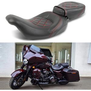 Low-Profile Leather Seat Pillion Passenger Rider Seat Set Compatible with Harley Touring Road King Street Glide Road Glide Electra Glide CVO 2009-2023 (Red stitching)