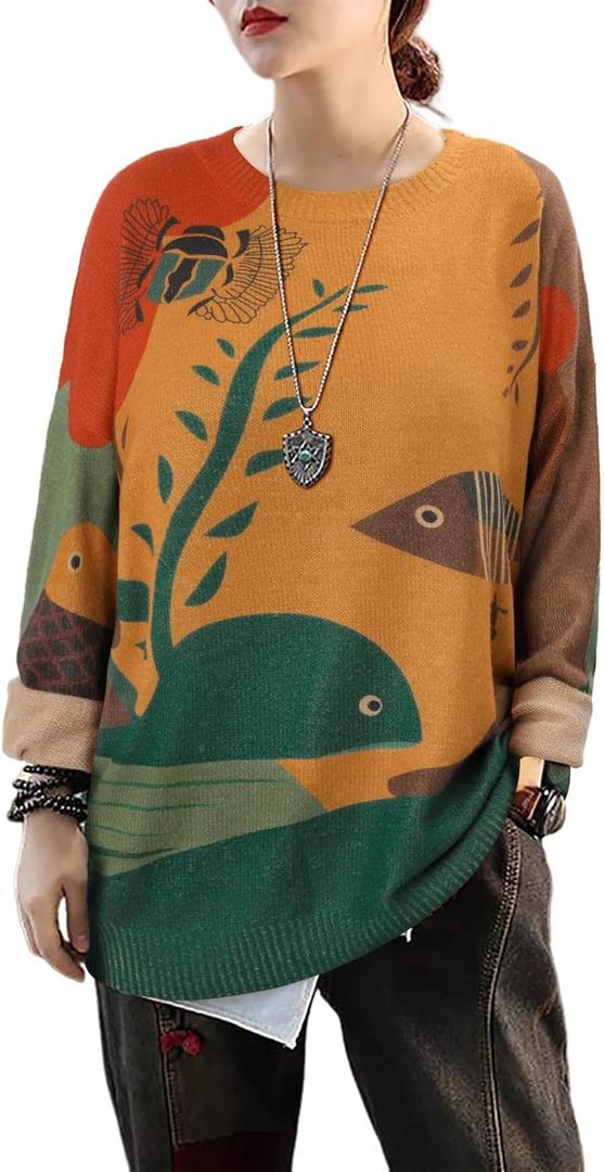 CRAZY GRID Women Knitt Pullover Sweaters Winter Patterned Oversized Long Sleeve Graphic Print Jumper Tops (3X-Large)