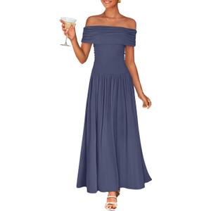ZESICA Women's Off The Shoulder Maxi Dress 2025 Summer Sleeveless Casual Slim Swing Pleated Formal Party Dresses (Large)