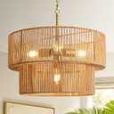 4-Light Boho Rattan Chandelier, 17.8" Rattan Pendant Light with 2-Tier Hand-Woven Shade, Farmhouse Hanging Ceiling Light Fixture for Dining Room, Living Room, Kitchen Island, Foyer
