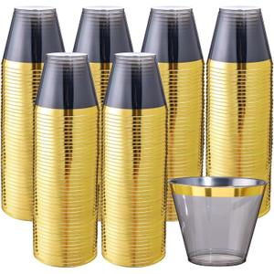 Superrnal 100pcs Gold and Black Plastic Cups 9OZ Elegant Gold Rimmed Clear Party Cups Fancy Disposable Wedding Cup Plastic Cup for Party,Gatherings, Afternoon Tea
