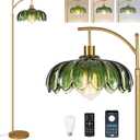 QIYIZM Glass Floor Lamp for Living Room,Bedroom,Gold Dimmable Standing Lamp with Remote,Mid Century Modern Brass Tall Lamp Boho Vintage Retro Floor Lamps Arc Green Flower Floor Light Lamp Bohemian