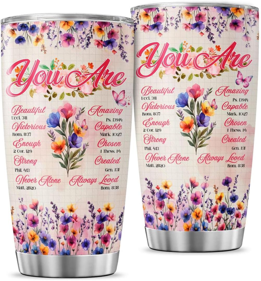 Christian Floral Scripture Gift for Women, Inspirational Bible Verse Stainless Steel Tumbler, 20oz Insulated Travel Mug for Mom, Wife, Friend, Faith-Based Encouragement Present