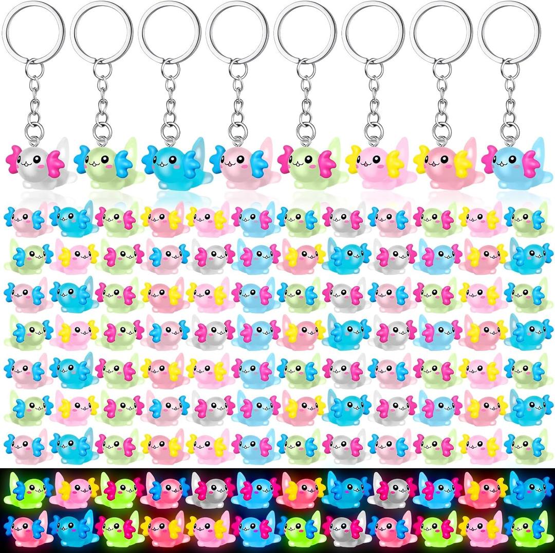 96 Pcs Mini Axolotl Keychain Resin Axolotl Party Favors Luminous Animal Figures Key Chain Tiny Glow in the Dark Animal Pendant Accessories Bulk for Key Backpack,Birthday Party Favor