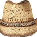 Men's Women's Straw Cowboy Hat Cowgirl Woven Sun Hat Western Cowboy Hat Two Decorative Bands (Beige, M)