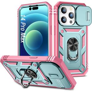 Case for iPhone 14 Pro Max, Shockproof Impact Resistant with Slide Lens Protective Cover Case for iPhone 14 Pro Max 6.7 inch (Pink Green)