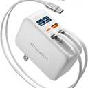 67W Retractable Wall Charger, Retractable USB C Charger Wall Plug with Digital Display, GaN Fast Charger, Dual Retractable Cables 3.3ft, 4-in-1 Travel Charger for MacBook Pro, iPhone 17/16, Galaxy S26