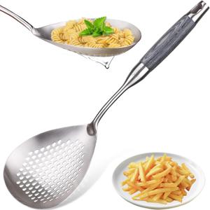 MARTE Skimmer Slotted Spoon -14.8in Pasta Strainer Skimmer Ladle Spoon for Cooking and Frying - Kitchen Scoop Colander Strainer Spoon with Heat Resistant Black Wooden Handle (Small)