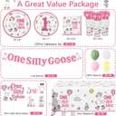 One Silly Goose Birthday Decor Girl Plates Set, Silly Goose First Birthday Decorations for Girl Balloons Banner Plates Napkins Cups Forks Tablecloth 25 Guests