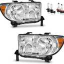 Headlights W/Bulbs for 2007-2013 Toyota Tundra, Fits 2008-2017 Sequoia (Fits 12-14 Sequoia Models WITHOUT Headlight Washer Only, NOT for models with leveling dial) (OE Replacement, Polished Chrome | With High & Low Beam Bulbs)
