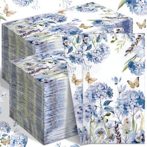 Karenhi 200 Pcs Watercolor Hydrangea Guest Napkins 2 Ply Spring Paper Guest Towels for Bathroom Blue Floral Disposable Hand Towels Decorative Dinner Napkins Bridal Shower Napkins for Wedding Party